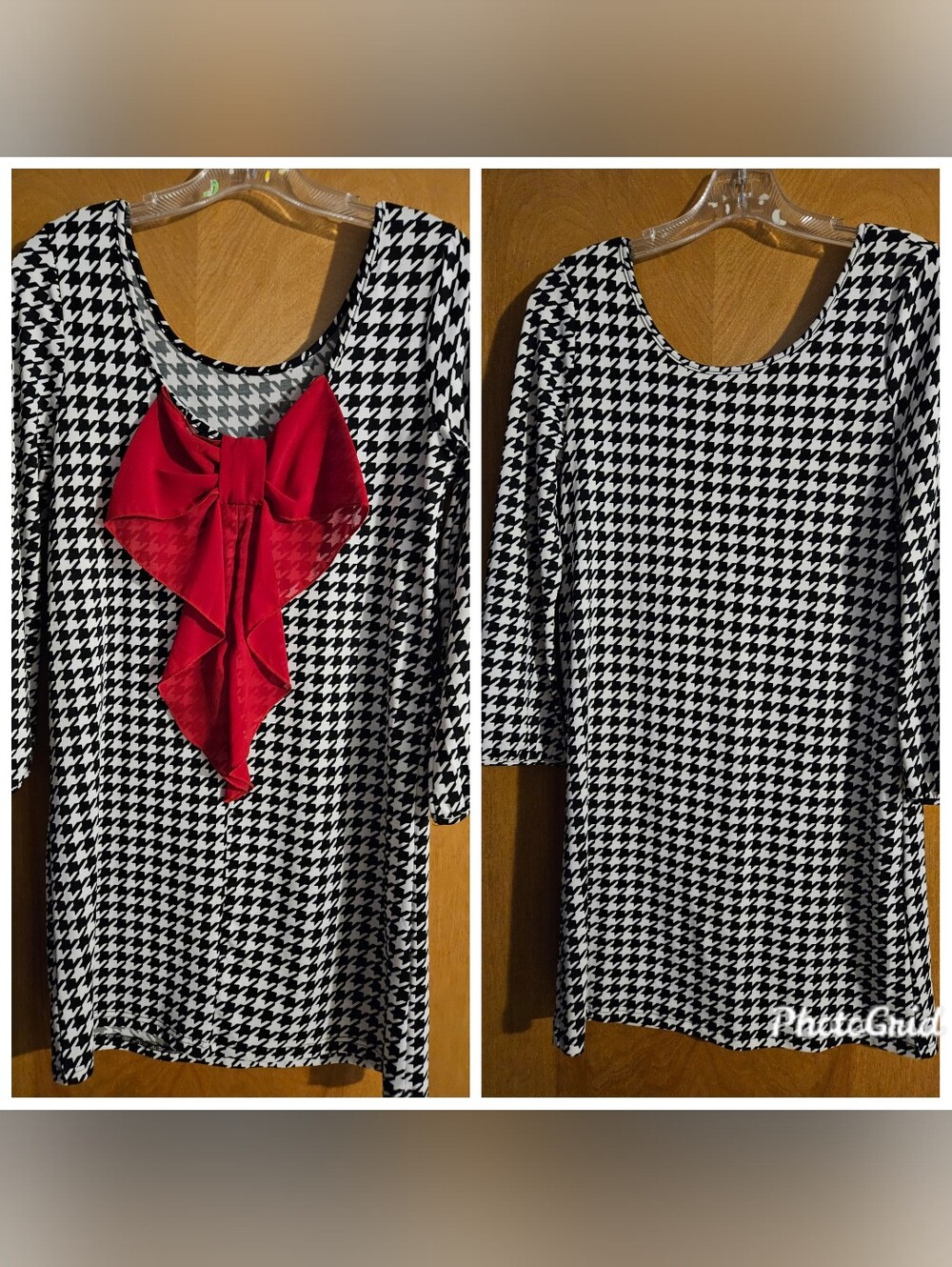 Audrey Ann Black & White Houndstooth Long Sleeve Dress with Red Bow
